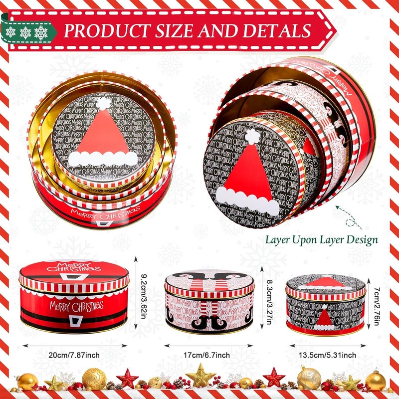 Lingvee 3 Pcs Christmas Cookie Tins with Lids for Gift Giving Tin Containers Round Festive Cookie Tins Metal Nesting Containers Large Medium Small(Snowflakes Style,Red) - Image 2